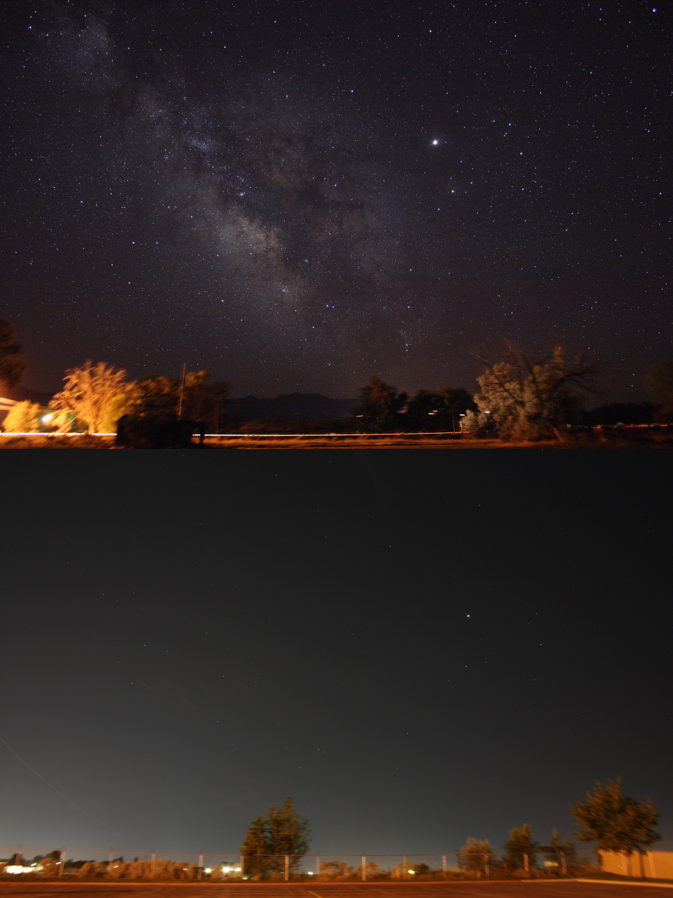 Comparison of rural and city night skies showing how light pollution hides stars